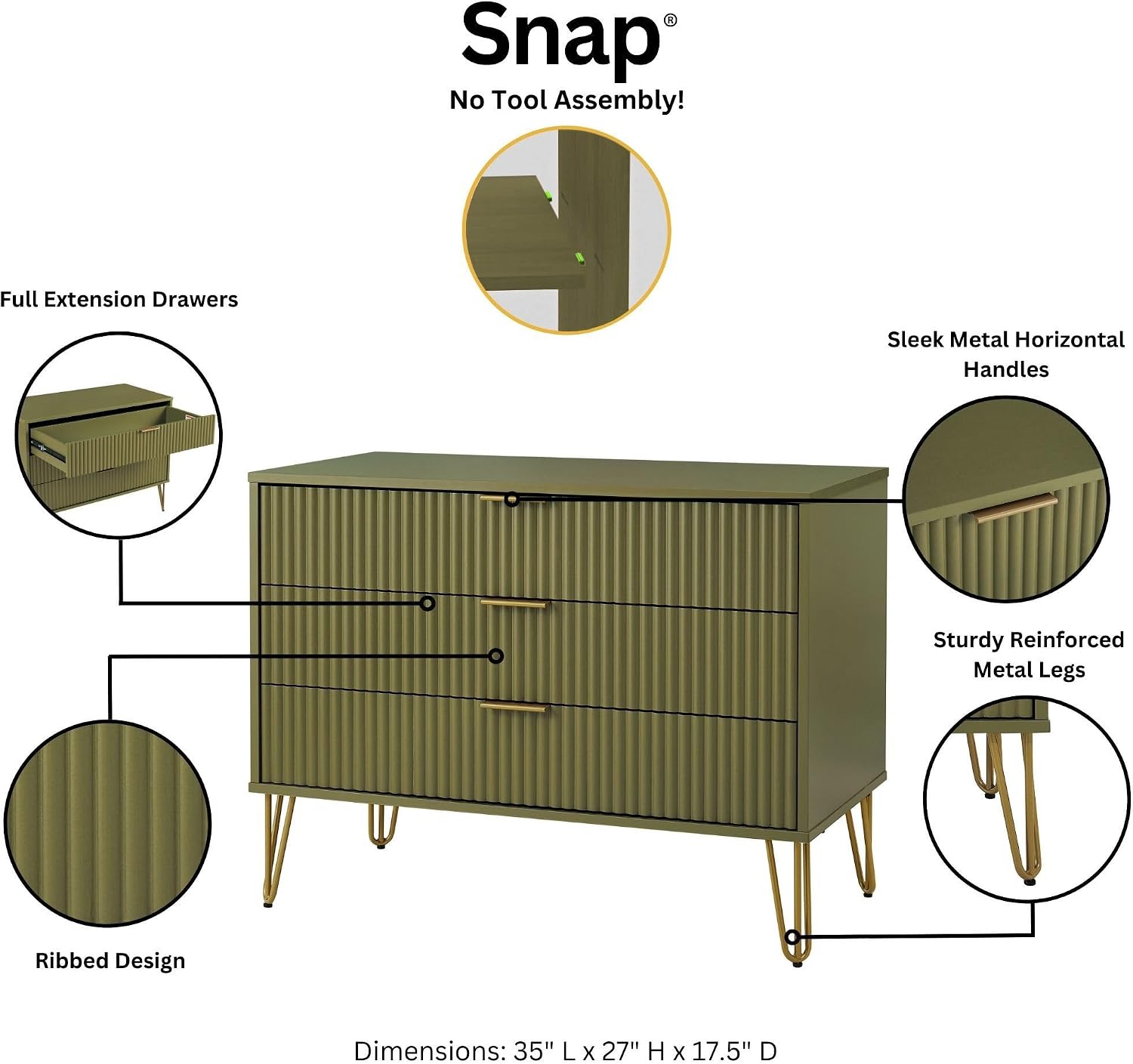 Manhattan Comfort DUMBO 2 Piece Modern Set, 3 Drawer Dresser, 1 Drawer Nightstand with Fluted Ribbed Front, Gold Metal Legs, No Tool Assembly, Storage Cabinet for Bedroom or Living Room in Olive Green