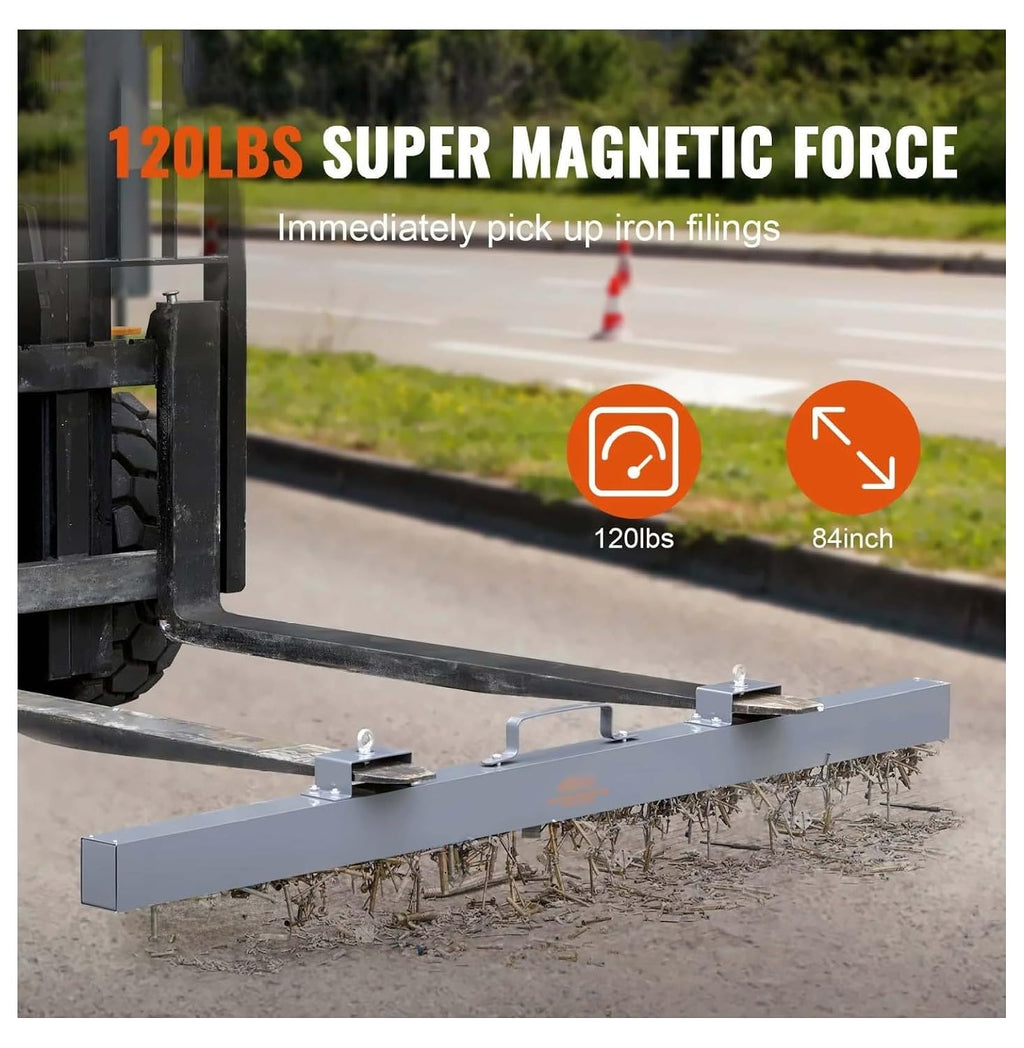 Magnetic Sweeper 84in, 120lbs Heavy Duty Forklift Pickup Tool - Nail, Bolt, Metal Chip Cleanup - Industrial Strength Magnet for Warehouse, Construction, Road