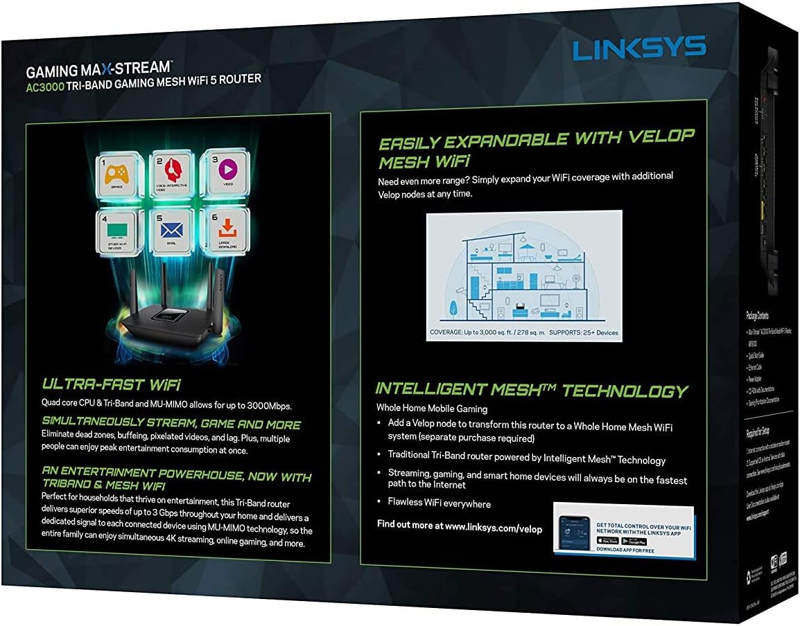 Linksys Mesh Wifi 5 Router, Tri-Band, 3,000 Sq. ft Coverage, 25+ Devices, Supports Guest WiFi, Parent Control, 3.0Gbps (AC3000) - MR9000.
