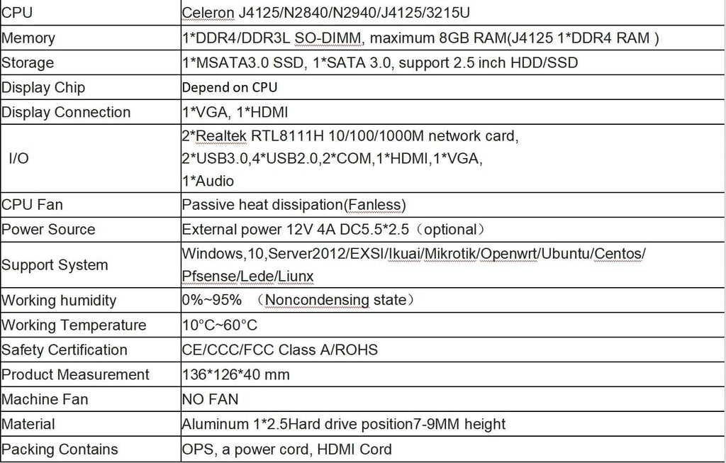 Firewall, Intelligent Soft Routing Micro Appliance/Fanless Mini PC • Celeron N2840, 2 x RJ45(1000M), USB 3.0,HDMI,VGA,NO RAM NO mSATA SSD (8GB RAM 256GB SSD)