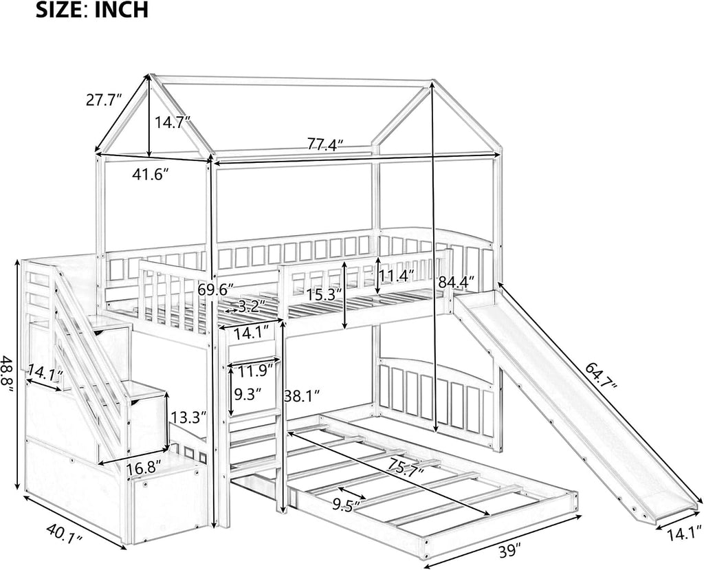Twin Over Twin Bunk Bed for Kids Toddlers, House Bunk Bed Farm with Storage Steps and Slide Ladder Roof Guardrail for Girls/Boys, No Spring Box Required (Gray-Wood)