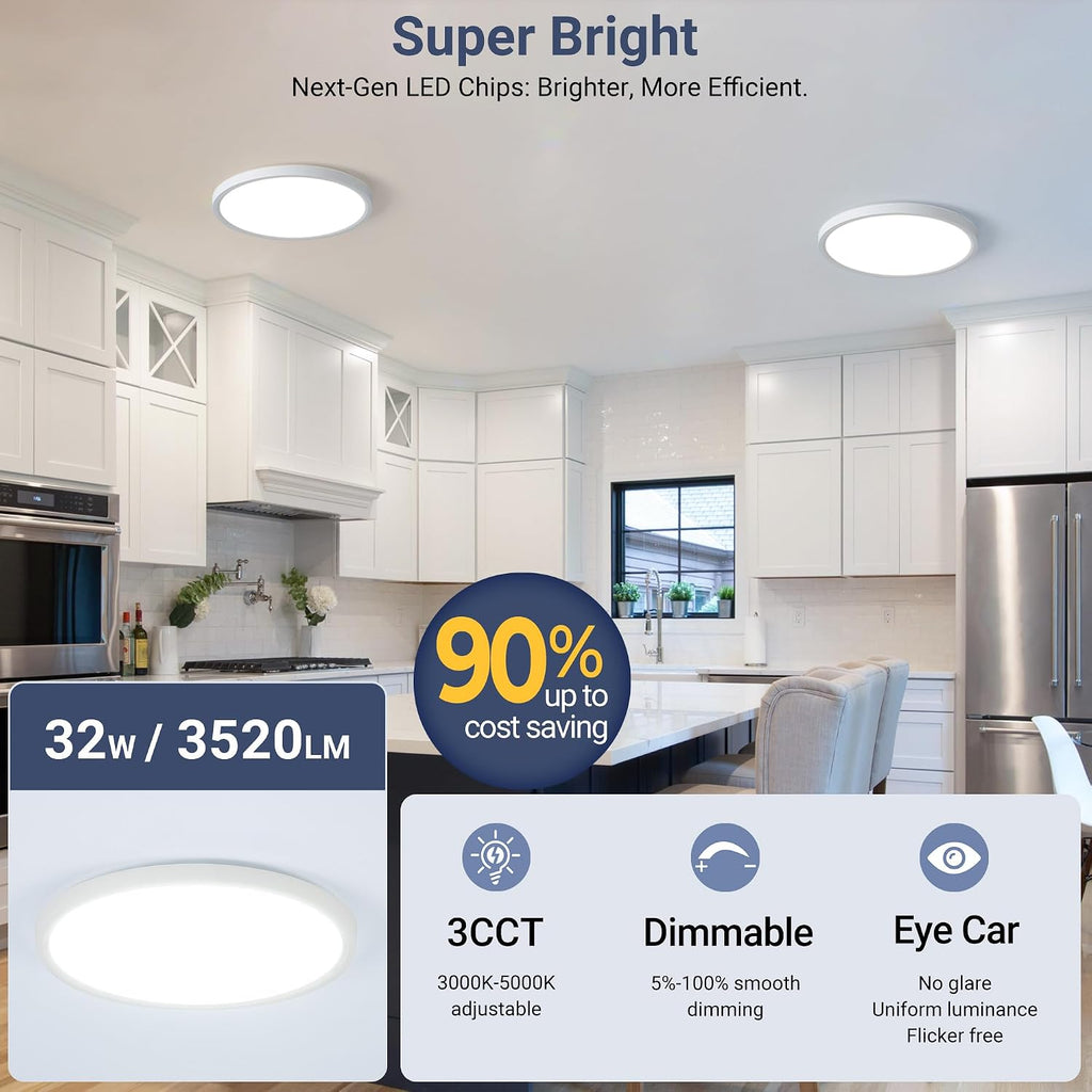 6 Pack 15.8Inch 3520LM LED Flush Mount Ceiling Light, 32W Dimmable & 3000K/4000K/5000K 3CCT Seletable, Round LED Ceiling Light for Bedroom Living Room Kitchen Hallway Office, White