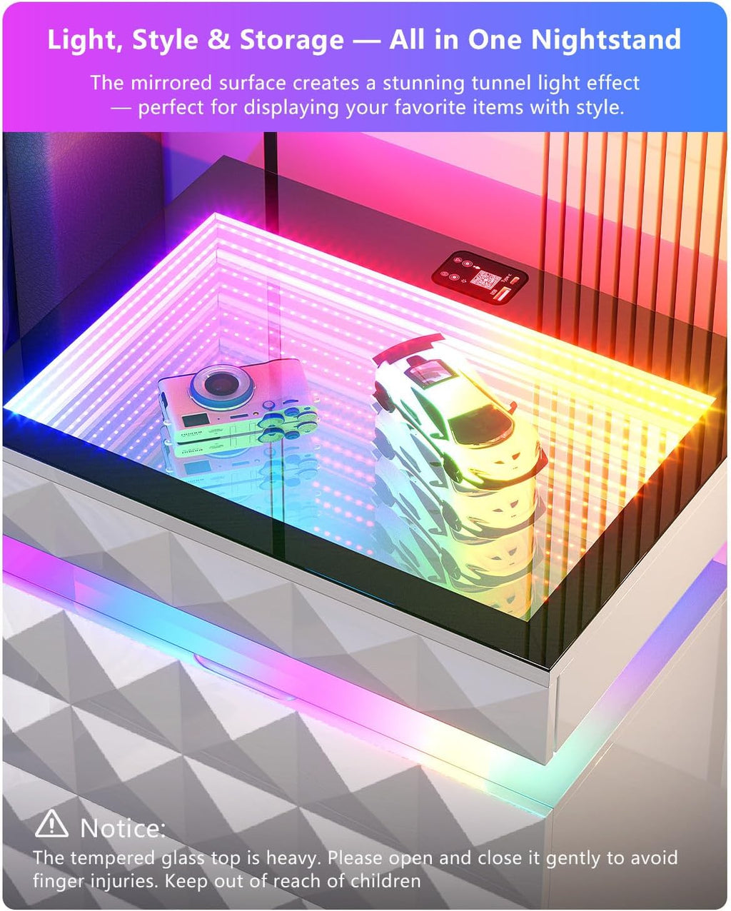 Bedside Table with Charger Station and RGB Lights, Nightstand with 3 Drawers and Sliding Top, Modern Night Stand with Human Body Sensor for Bedroom & Living Room, White