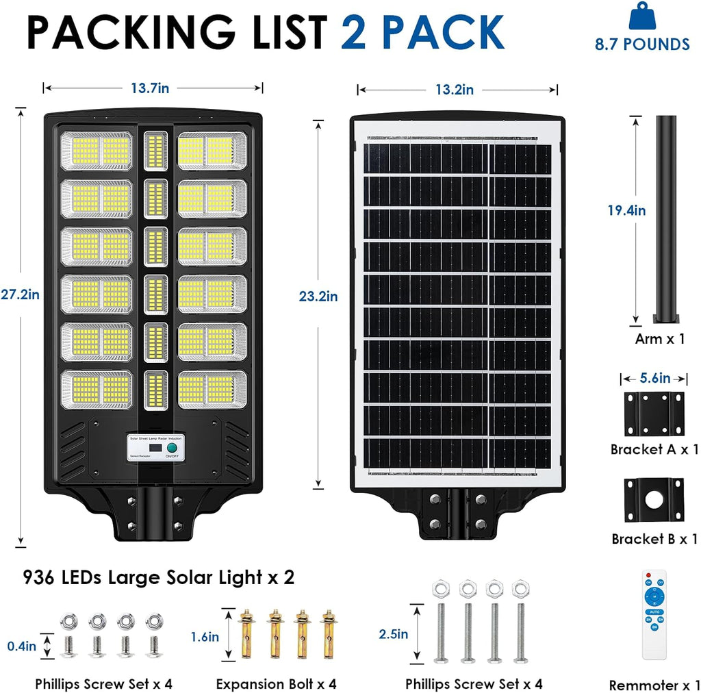 9000W Solar Street Lights Outdoor, Large Solar Powered Commercial Parking Lot Lighting Dusk to Dawn, 7000K Motion Sensor Light with Remote Control & Mounting Arm, IP67 Waterproof, for Yard, 2 Pack