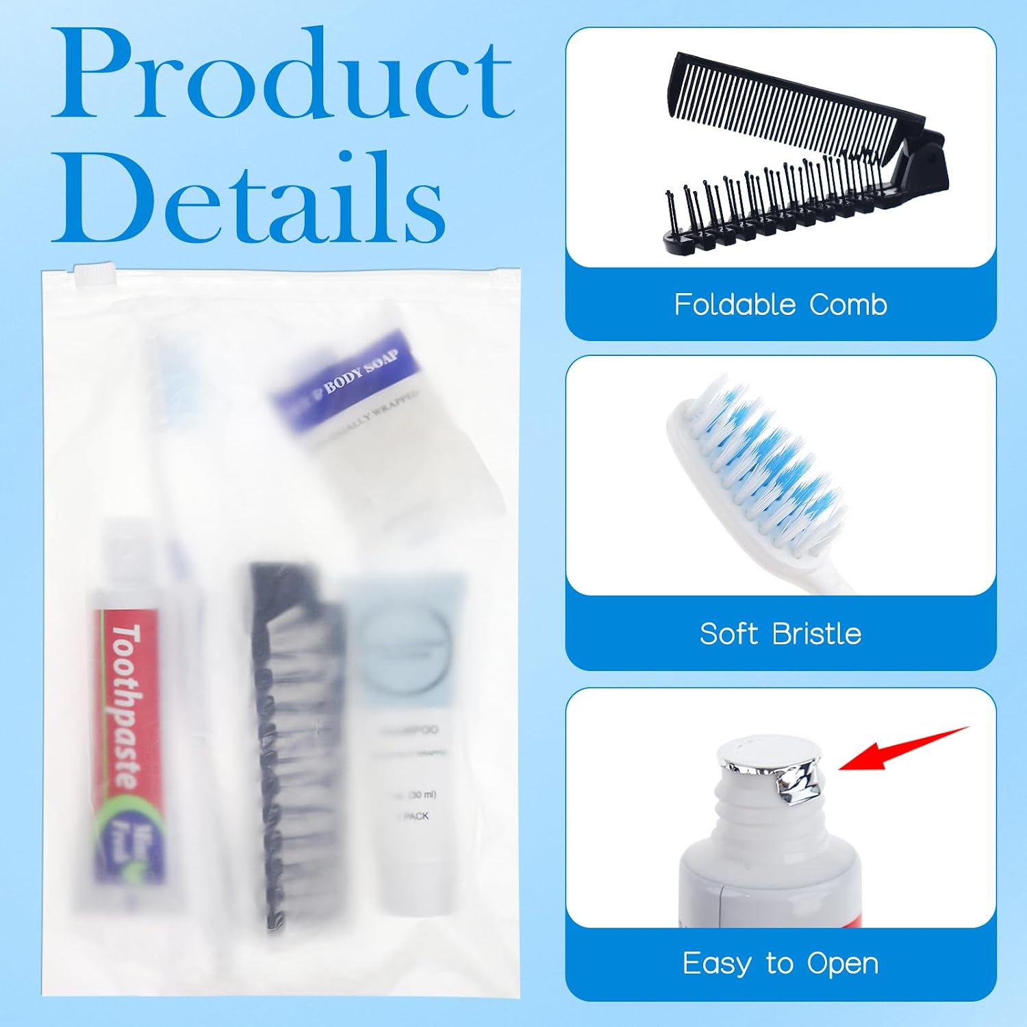 Travel Toiletries Supplies Kits Disposable Toiletry Amenities Set in Bulk, Hygiene Trial Size Personal Essentials Individually Wrapped 5-in-1 (100-Pack)