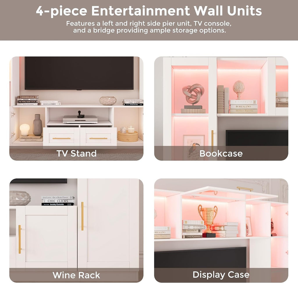 Bobve 94' Wall Unit Entertainment Center for TVs up to 70',Modern TV Console with APP LED Lights,Multifunctional TV Stand with Tempered Glass Door,Drawers & Shelves for Living Room,White