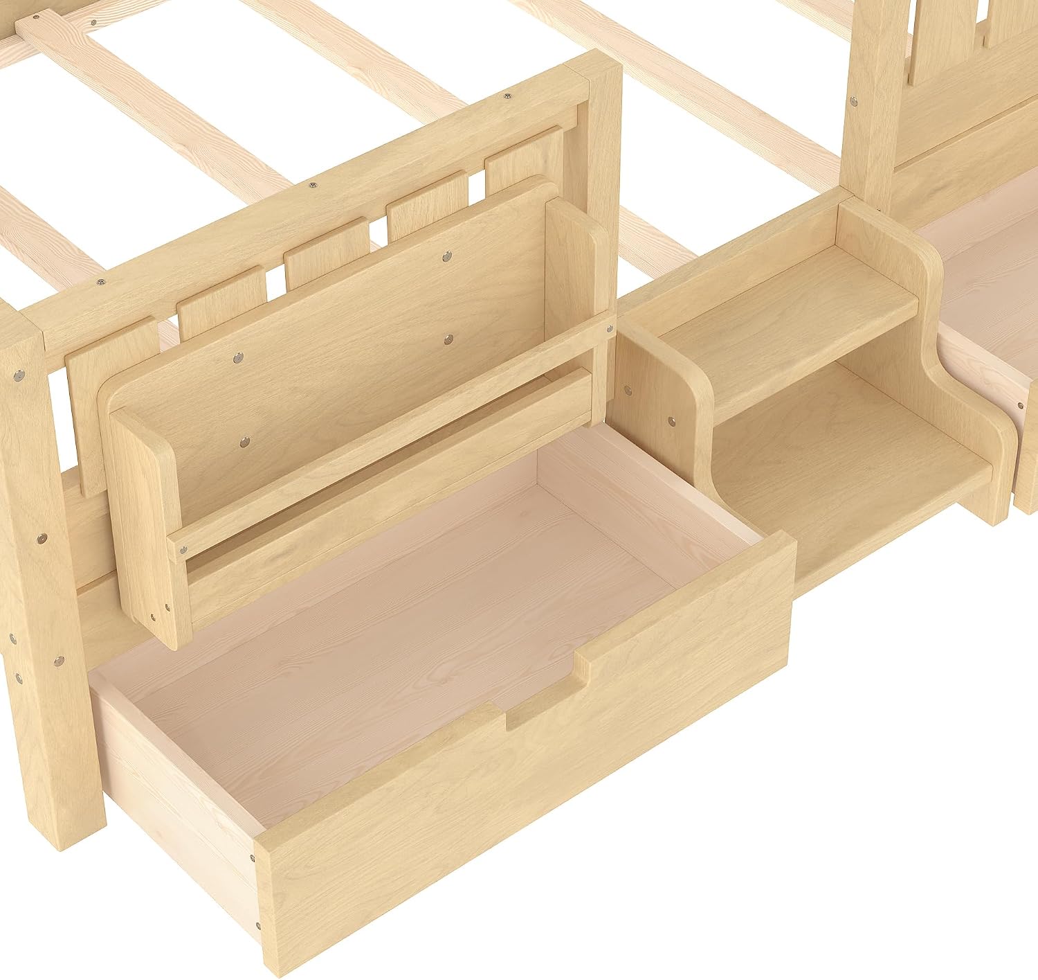 Bellemave Twin Size Kids Montessori Bed with Stairs and Bookshelf,Solid Wood Twin Size Kids Bed Frame with Drawers and Storage for Girls Boys,Low-Profile,Light Natural