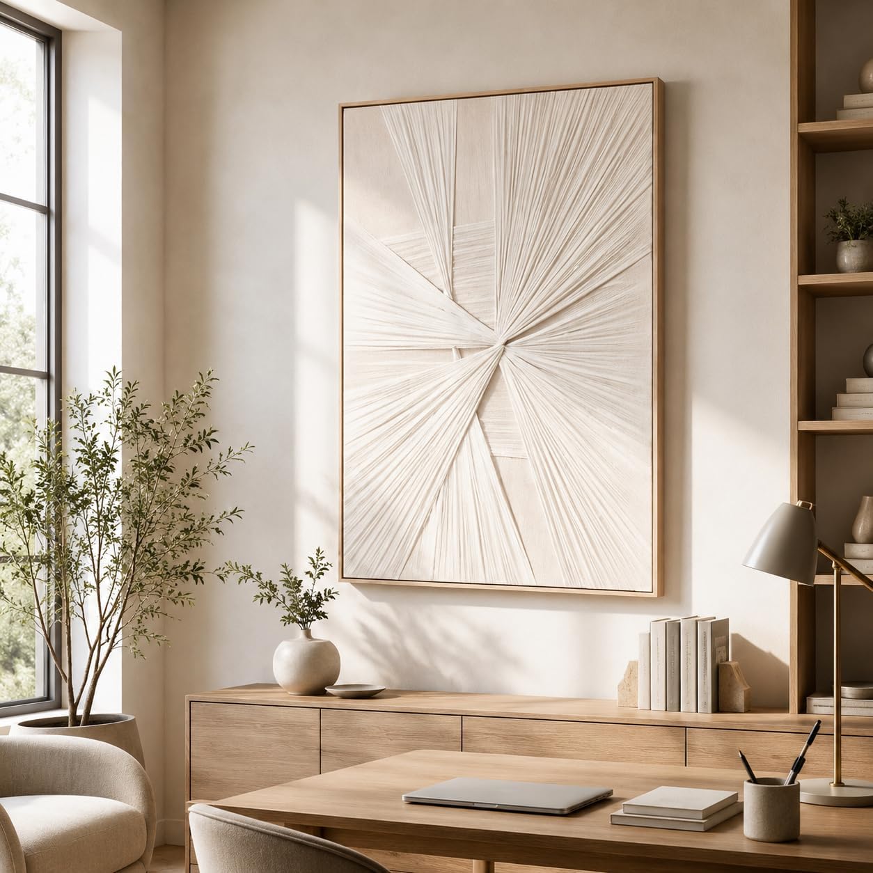 Artists' Handicraft, Large 3D Fabric Hand Painted Framed Wall Art, Minimalist Modern Luxury Artwork, Abstract Boho Modern Long Beige Wall Decor, Neutral Trendy Paintings for Living Room Bedroom Hallway Office, Vertical, 30x45 In