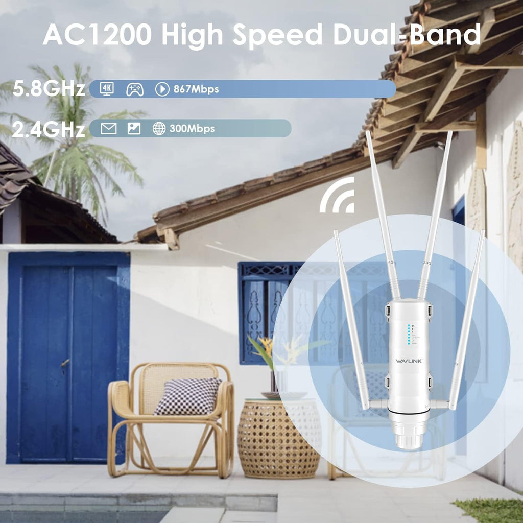 WAVLINK 2025 AC1200 Outdoor Long Range Weatherproof Dual Band WiFi Extender/Wireless Access Point with Outside PoE Powered,Gigabit Port,Supports Router/AP/Repeater Modes for Courtyard,RV,Campsite