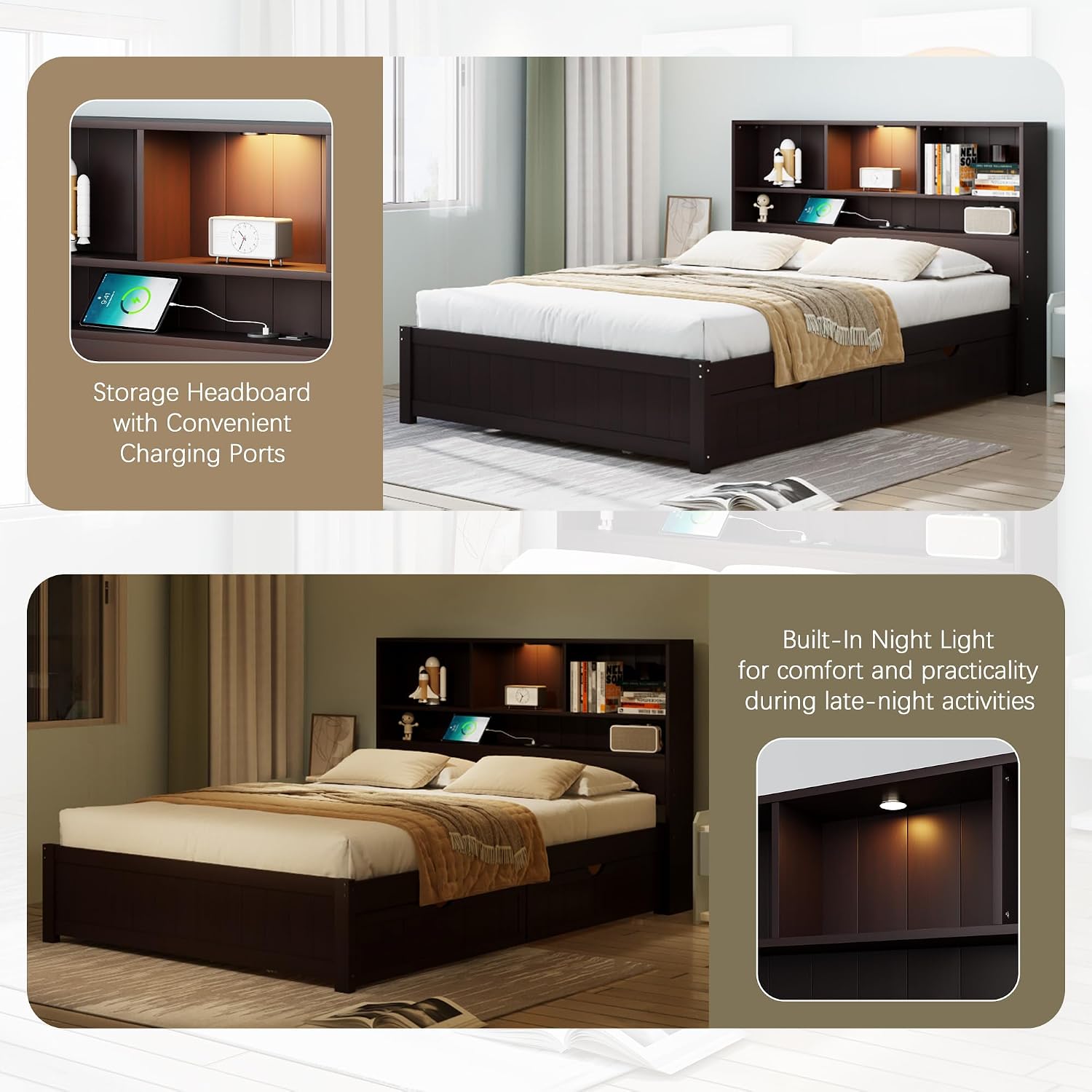 LUMISOL Twin Bed Frames with Charging Station and LED Lights, Wood Platform Bed with Bookcase Headboard and 2 Drawers, No Box Spring Needed, Espresso