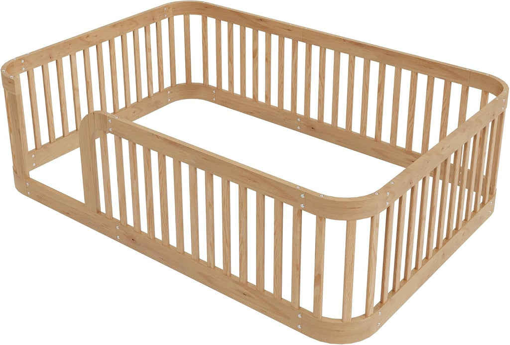 Full Size Wood Floor Bed with Fence, Playful Design Montessori Floor Bed with Guardrail, Without Slats, Easy Assembly (Natural//Full,124)