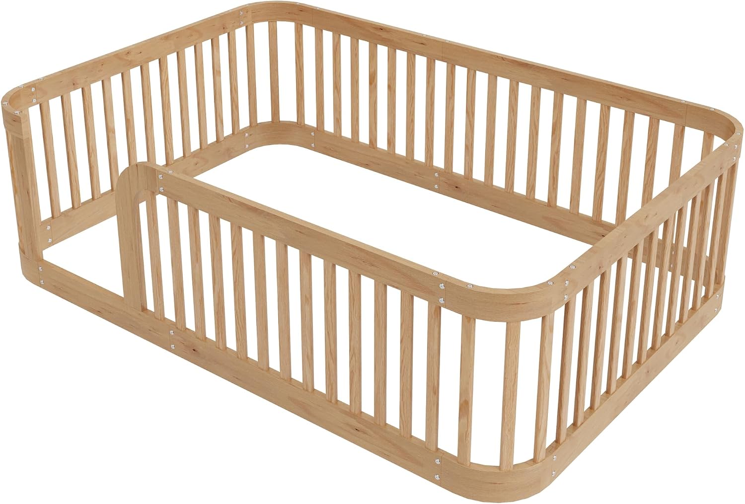 Full Size Wood Floor Bed with Fence, Playful Design Montessori Floor Bed with Guardrail, Without Slats, Easy Assembly (Natural//Full,124)