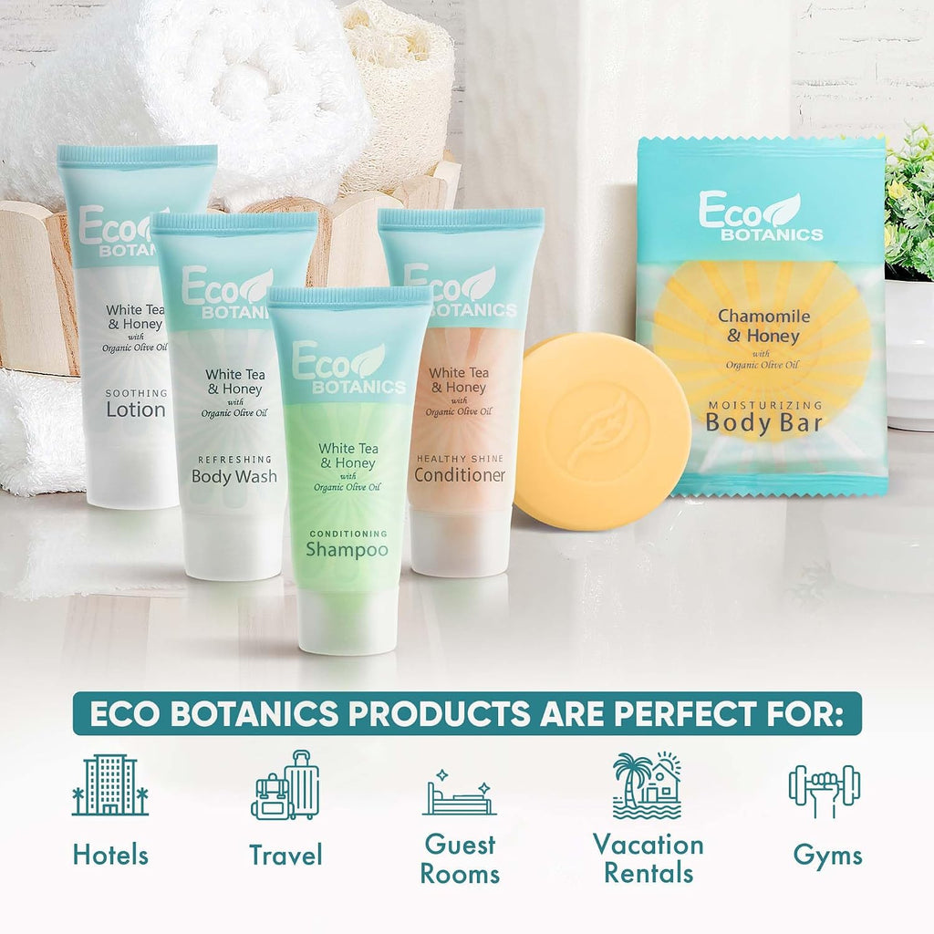 Travel Size Hotel Toiletry Set 300 Count 0.85 oz Bottles Guest Amenities for Vacation Rentals and Short Term Rentals Paraben Free White Tea Scent Infused with Aloe and Olive Oil by Eco Botanics
