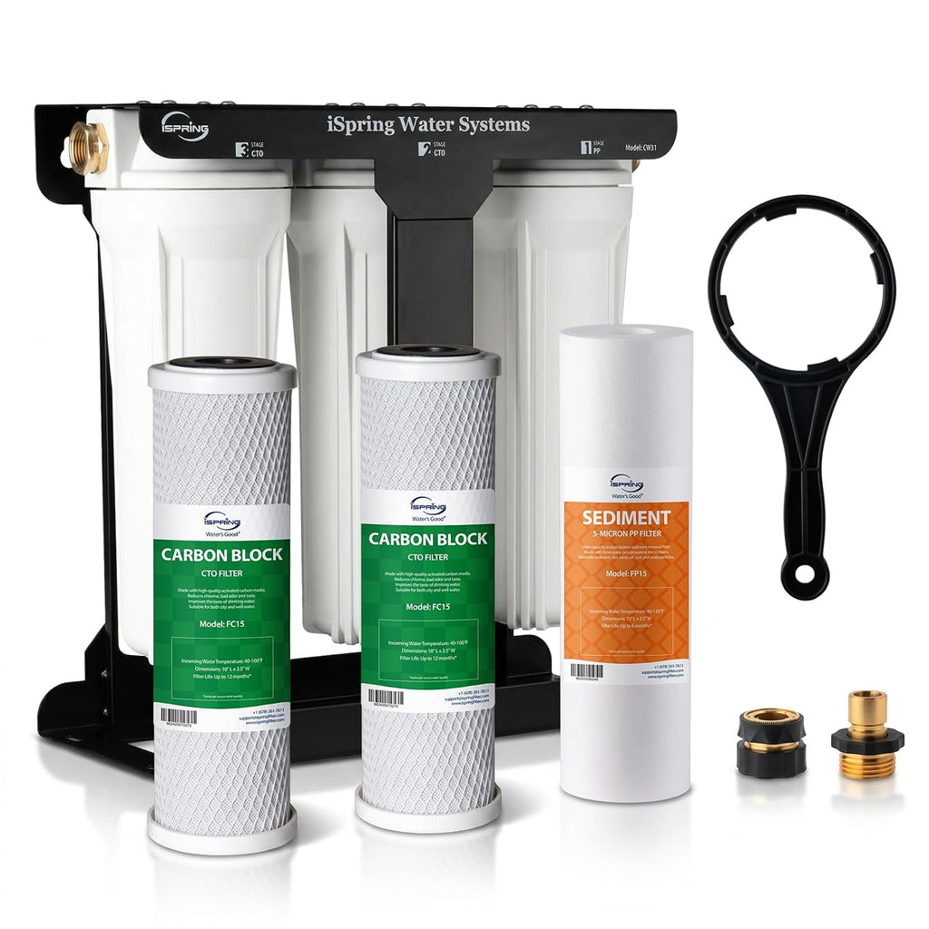 iSpring CW31 RV Water Filter System, 3-Stage RV Water Filtration System for Campers, 3/4'' Lead-Free Brass Hose Quick Connectors, Tankless, High Capacity, White