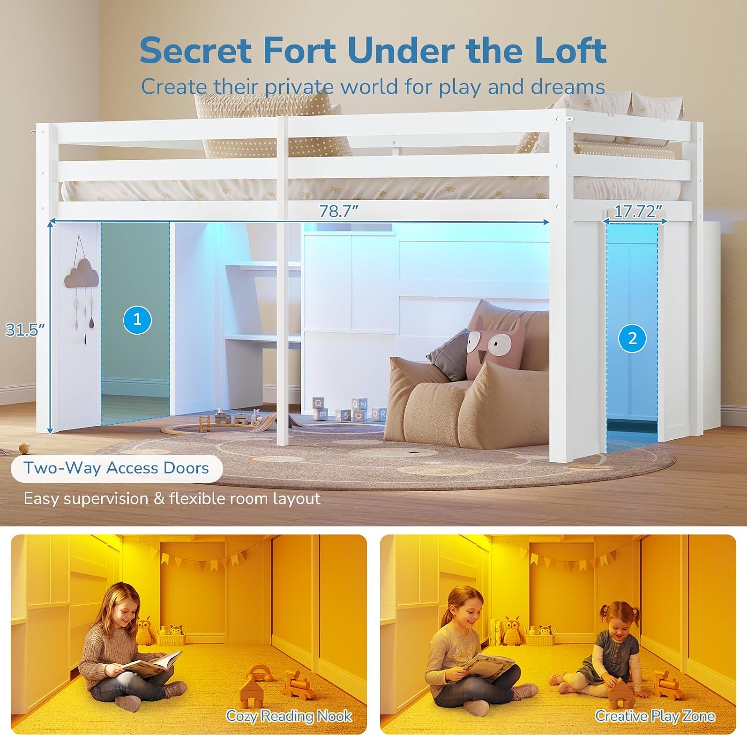 Low Loft Bed Twin Size with LED Lights, Wooden Kids Twin Loft Bed with Storage Bookcase, Toy Box, Reading Nook and Secret Play Space, Modern loft Bed with Stairs and Safety Guardrails for Boys Girls