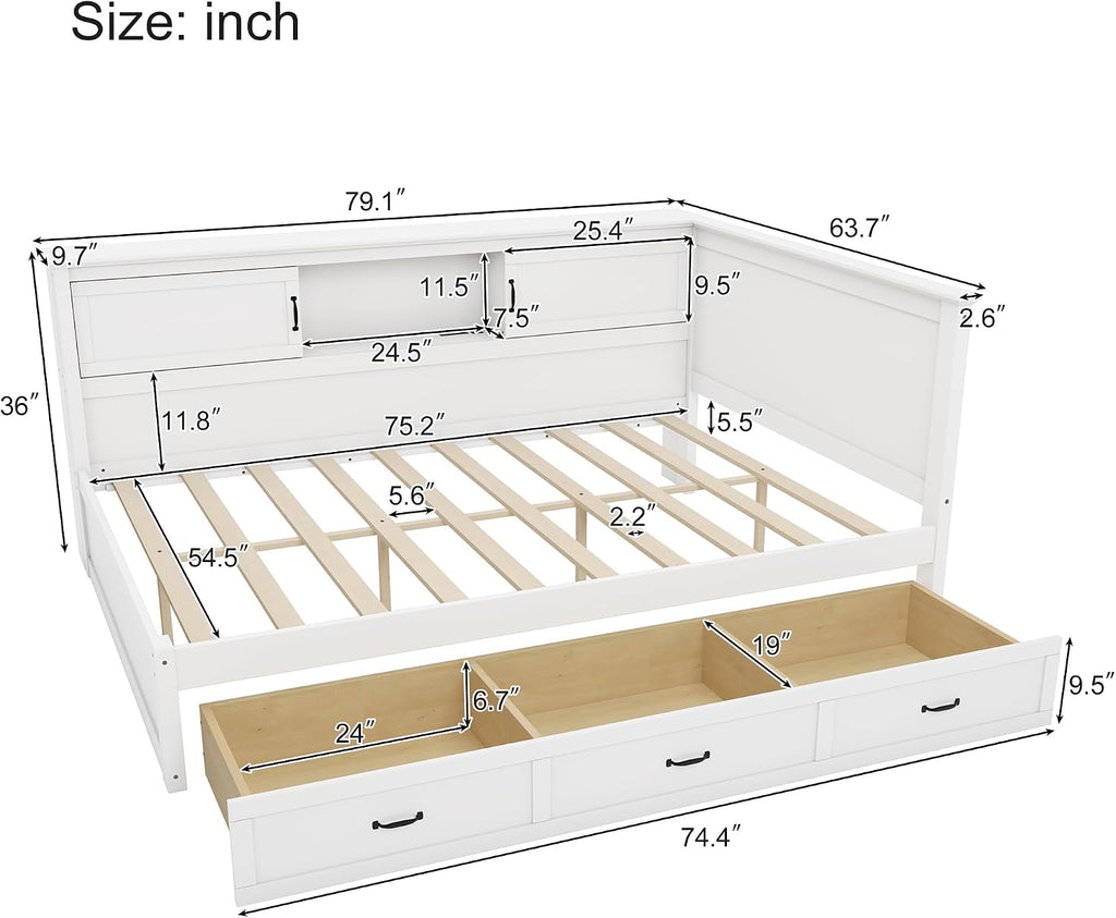Full Size L-Shaped Bed Frame with Drawer and Bookcase, Multifunctional Corner Bed, Wooden Captain Bed with Led Downlight and USB Port for Small Room,Bedroom, Guest Room