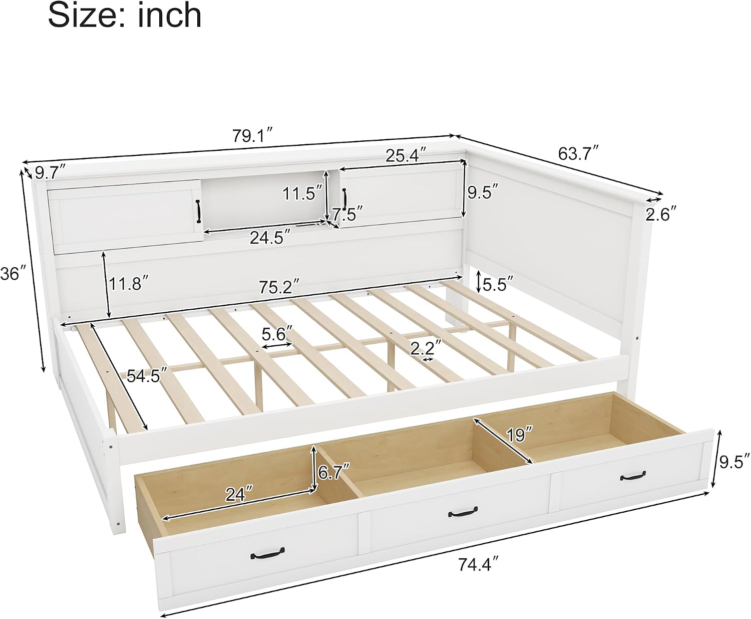 Full Size L-Shaped Bed Frame with Drawer and Bookcase, Multifunctional Corner Bed, Wooden Captain Bed with Led Downlight and USB Port for Small Room,Bedroom, Guest Room