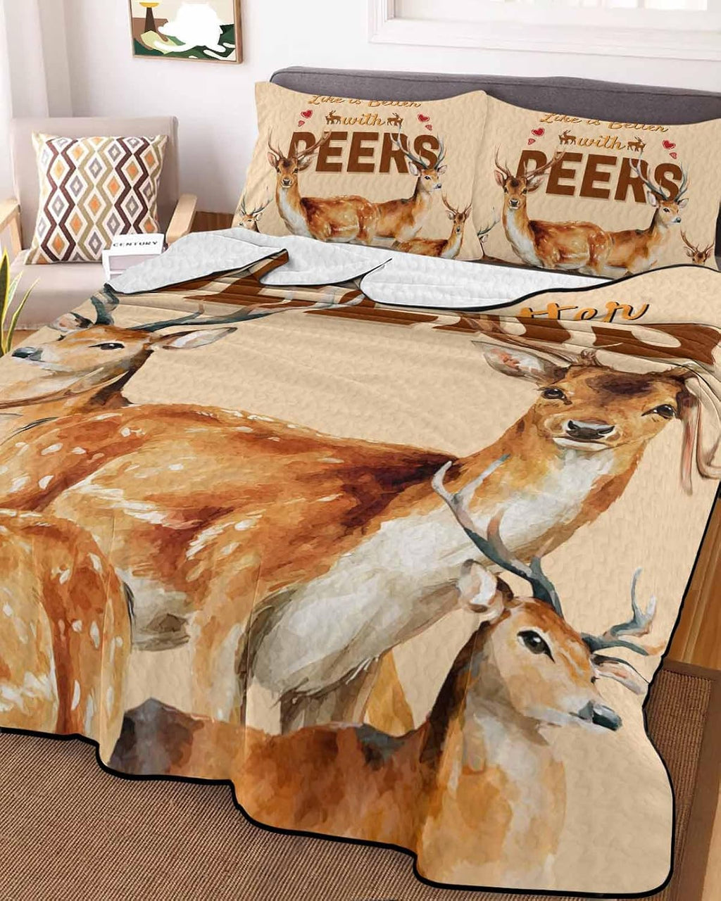 Quilt King Size Bedding Set, Farmhouse Deer Lightweight Summer Quilt 3 Pieces Bedding Sets, Wildlife Elk Animals Rustic Orange Reversible Soft Bedspreads Coverlets with 2 Pillow Shams for All Season