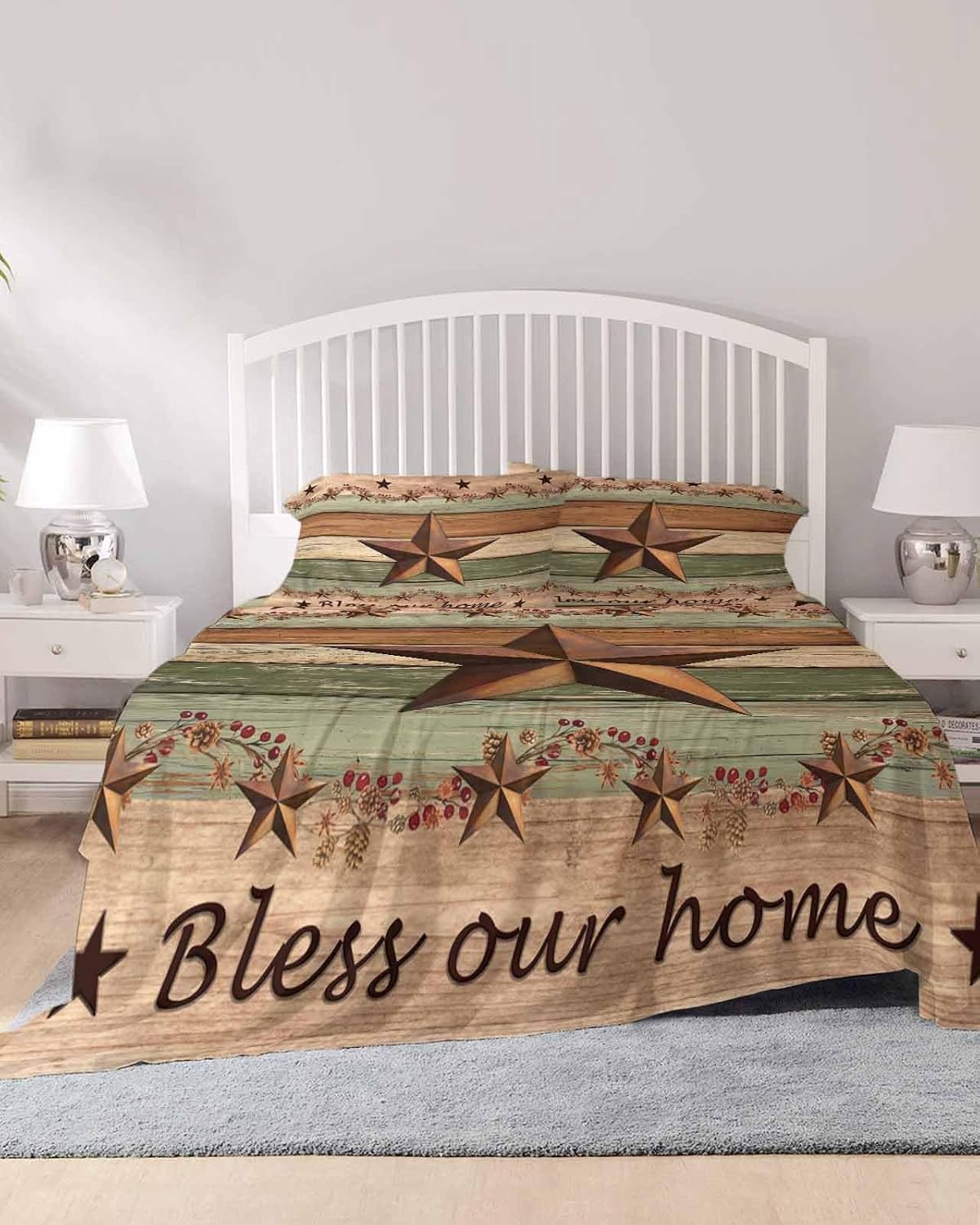 Western Texas Star Retro Cal King Sheet Set 4 Piece Bedding - Vintage Farmhouse Green Brown Wooden Breathable Comfy Cooling Bed Sheets & Pillowcase Sets, Hotel Flat Sheets Deep Pockets Fitted Sheet