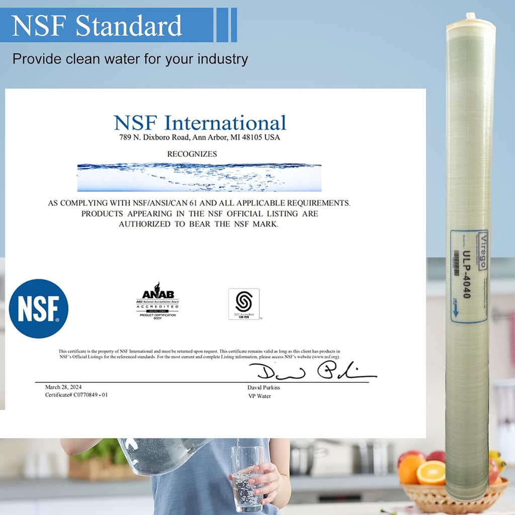 ULP-4040, 4040 ULP Membrane for Ultra Low Pressure Commercial Membrane, 2600GPD, TDS≤ 2000 ppm, Salt Rejection 99.3%, for Surfacewater, Groundwater, Tap and Municipal Water, NSF Certified