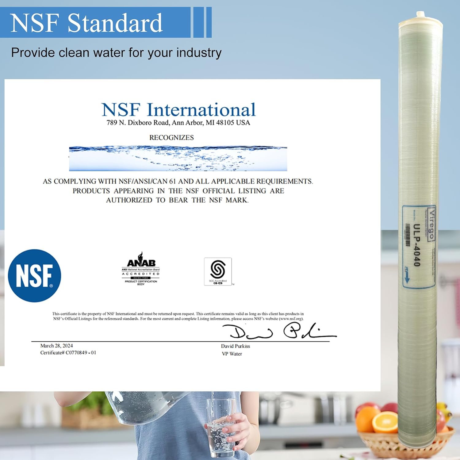 ULP-4040, 4040 ULP Membrane for Ultra Low Pressure Commercial Membrane, 2600GPD, TDS≤ 2000 ppm, Salt Rejection 99.3%, for Surfacewater, Groundwater, Tap and Municipal Water, NSF Certified