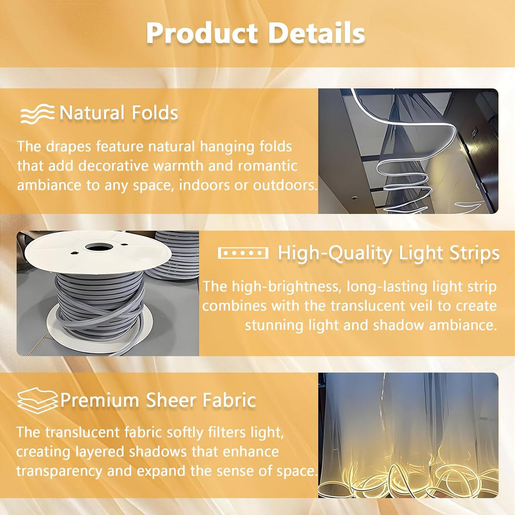 BANGBANGJI Sheer Curtains, Ceiling Light Strip, Easy to Install, Universal for All Seasons, for Birthdays, Parties, Weddings 100mx0.5m-ChampagneVeil+WarmLight