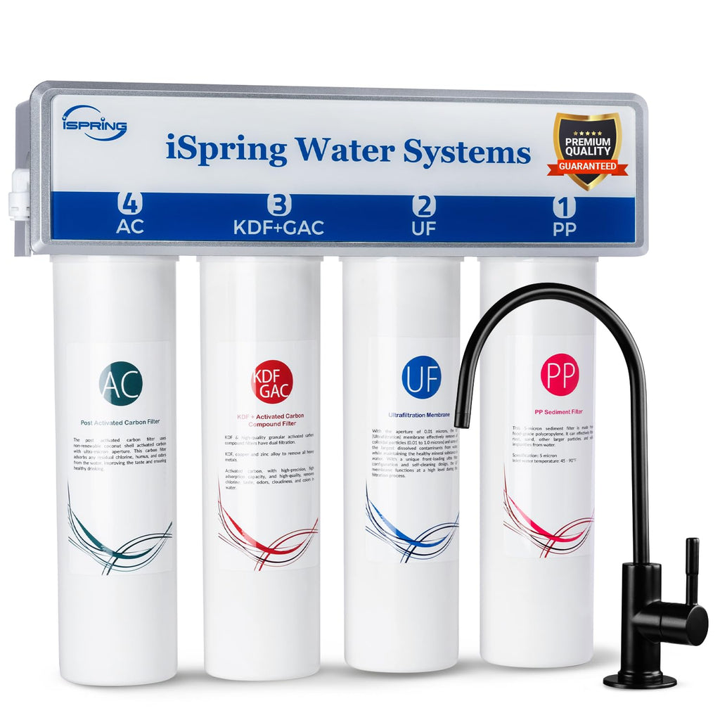 iSpring CUA4-BLK 0.01 Micron Ultra Filtration Under Sink Water Filter System, High Capacity Tankless 4-Stage Ultrafiltration Water Filter, Removes 99.99% Contaminants, Quick Filter Change with Faucet