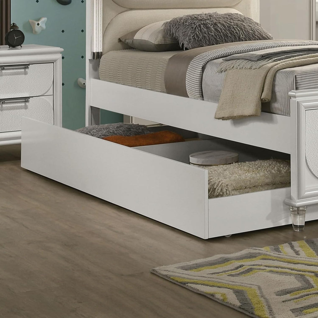 Pearl White Twin Size Bed W Trundle 2X Nightstands Embossed Panel 3pc Bedframe Bedroom Furniture