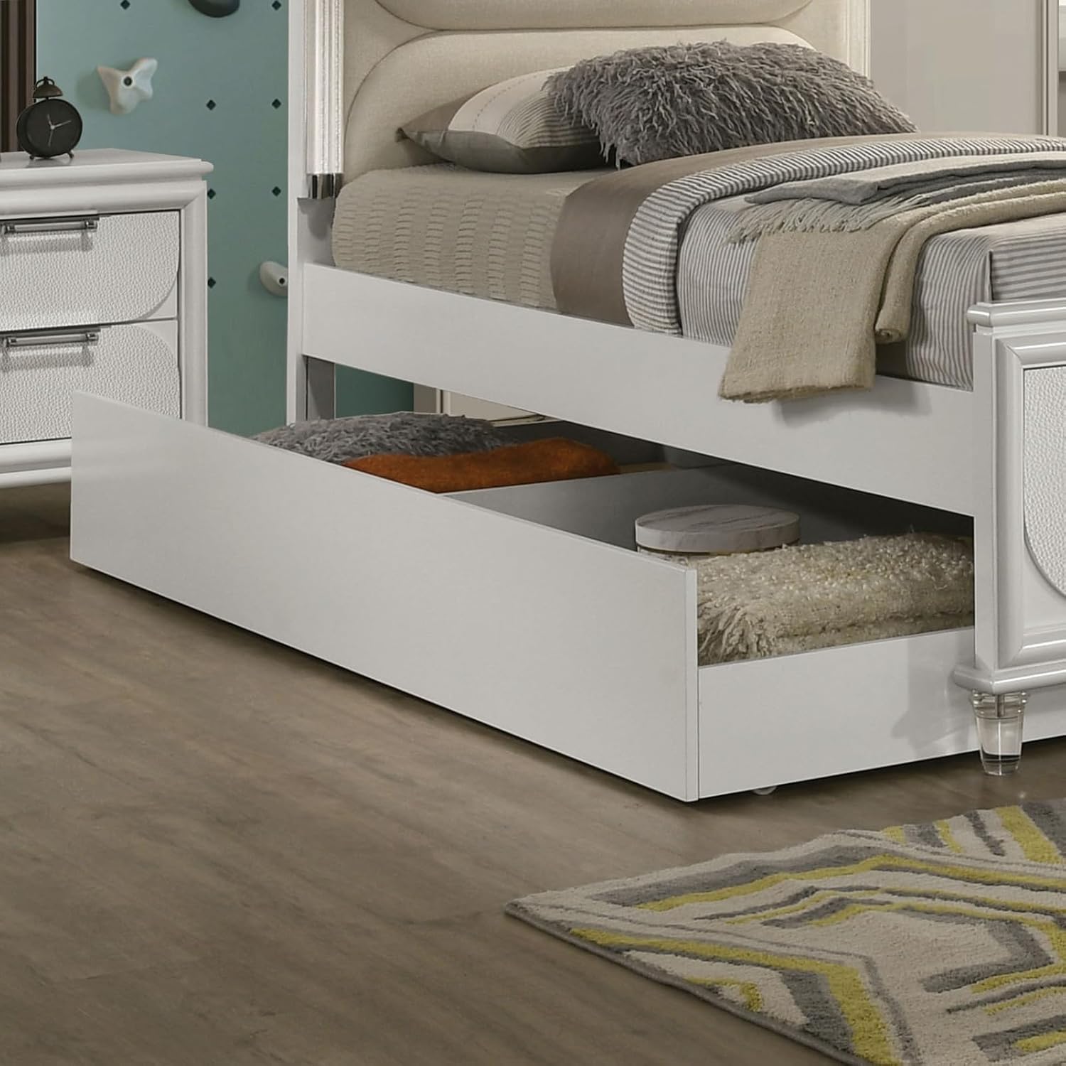 Pearl White Twin Size Bed W Trundle 2X Nightstands Embossed Panel 3pc Bedframe Bedroom Furniture