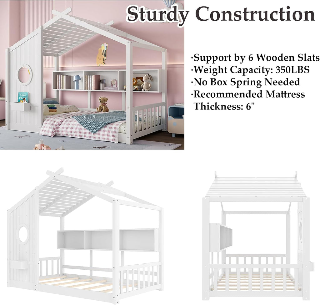 Twin Size Floor House Bed with Roof & Window for Kids,Kids Montessori Floor Bed with Storage Shelves,Cute Playhouse Bed Frame for Girls Boys,Wood House Bed No Box Spring Needed,Can be Decorated,White