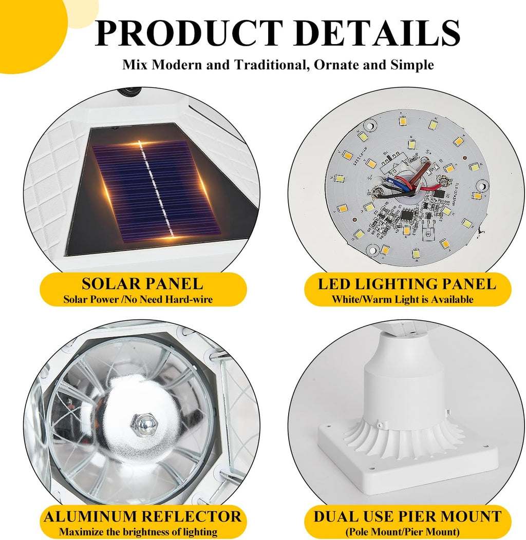 Outdoor Solar Post Lights with Pier Mount Base, White Dusk to Dawn Pillar Lamps with Patterned Glass, Waterproof Exterior Pole Lanterns with for Patio, Garden, Porch