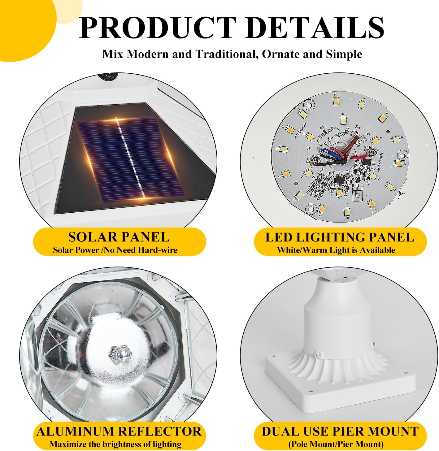Outdoor Solar Post Lights with Pier Mount Base, White Dusk to Dawn Pillar Lamps with Patterned Glass, Waterproof Exterior Pole Lanterns with for Patio, Garden, Porch