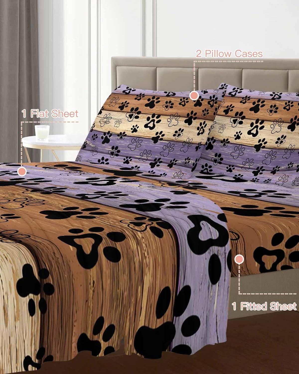 Purple Brown Cal King Sheet Set 4 Piece Bedding - Rustic Farmhouse Dog Paw Vintage Breathable Comfy Cooling Bed Sheets & Pillowcase Sets, Hotel Luxury Flat Sheets Deep Pockets Fitted Sheet