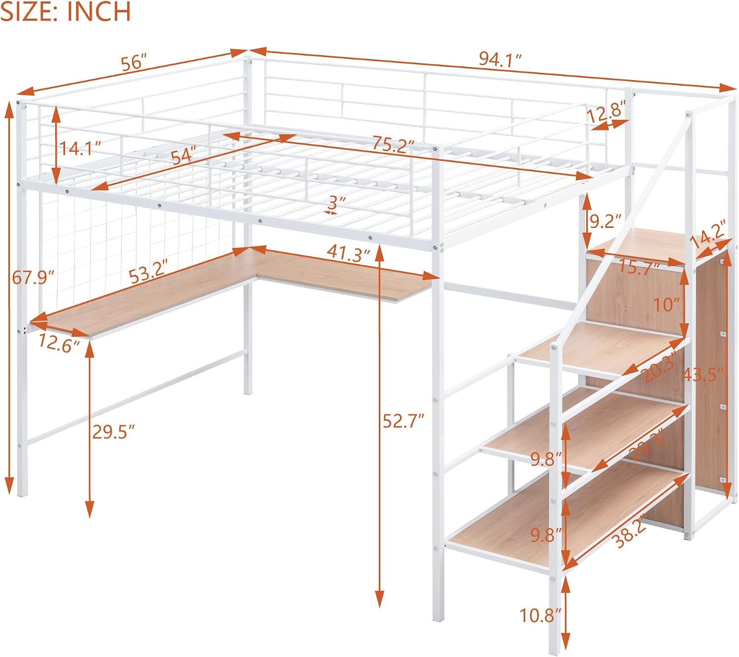 Metal Loft Bed with L-Shape Desk and Metal Grid, Lateral Storage Ladder and Wardrobe, Full Size Metal Frame Bed with Metal Slat Support and Guardrail, No Box Spring Needed (White-Wardrobe,Full)