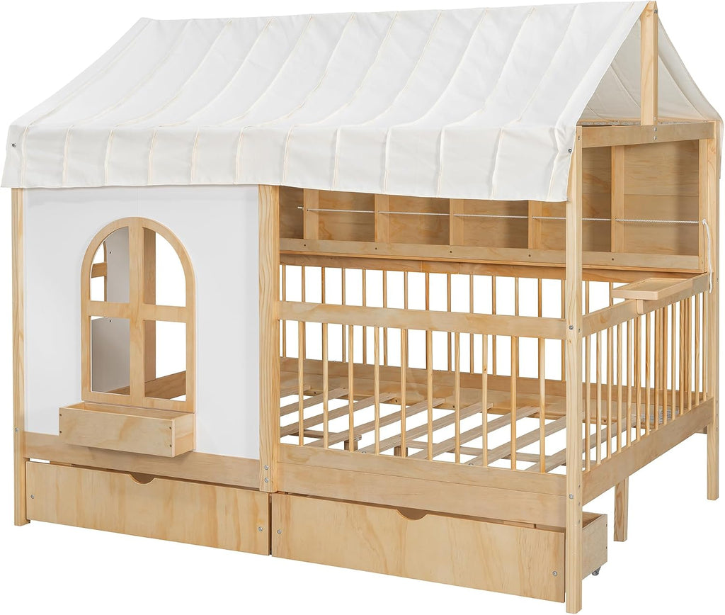 Polibi Full Size House Platform Bed with 2 Drawers, Side Bookshelf, LED Strip & Charging Station - High Safety Guardrails, for Kids (Natural)