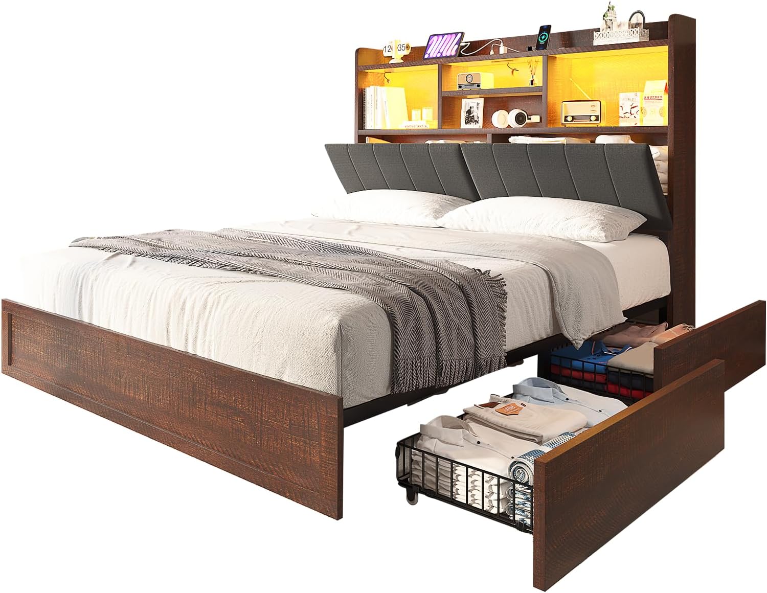 LUXOAK Queen Farmhouse Bed Frame with Bookcase Headboard and 4 Drawers, LED Storage Bed with Charging Station & Linen Upholstered, No Box Spring Needed, Reclaimed Barnwood