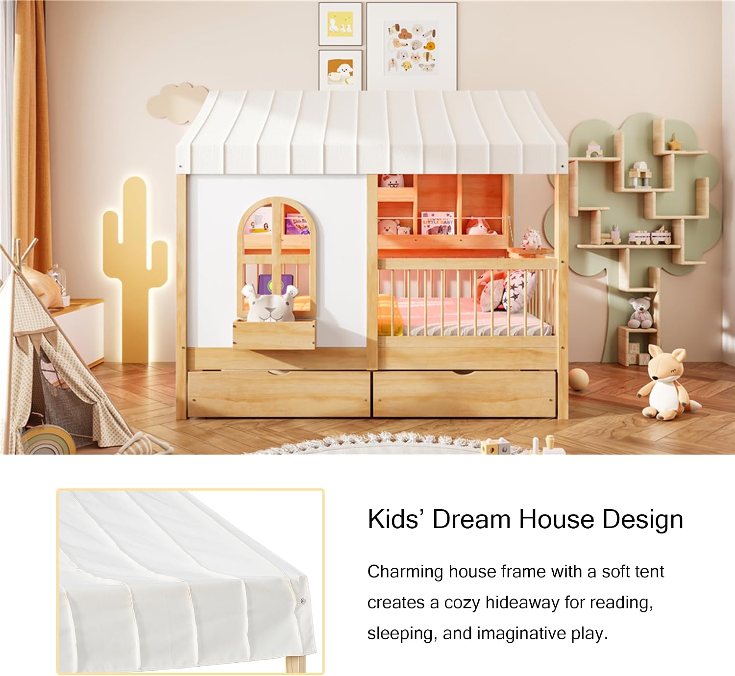 Polibi Full Size House Platform Bed with 2 Drawers, Side Bookshelf, LED Strip & Charging Station - High Safety Guardrails, for Kids (Natural)