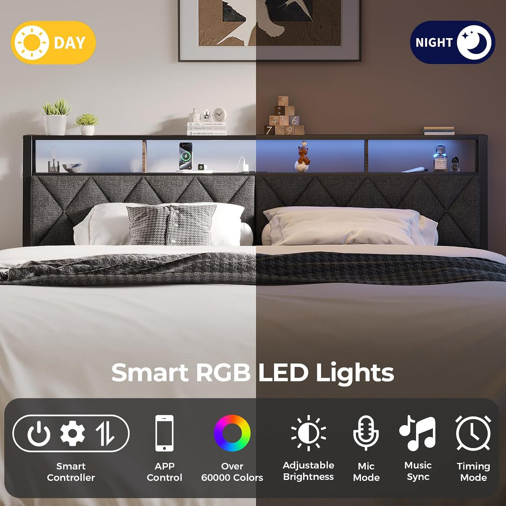 Full Headboard Only, Headboard for Full Size Bed with Storage, Upholstered Headboards with LED Lights & Charging Station, Attach Frame, Ideal for Bedroom/Dorm/Guest Room, Dark Grey & Brown