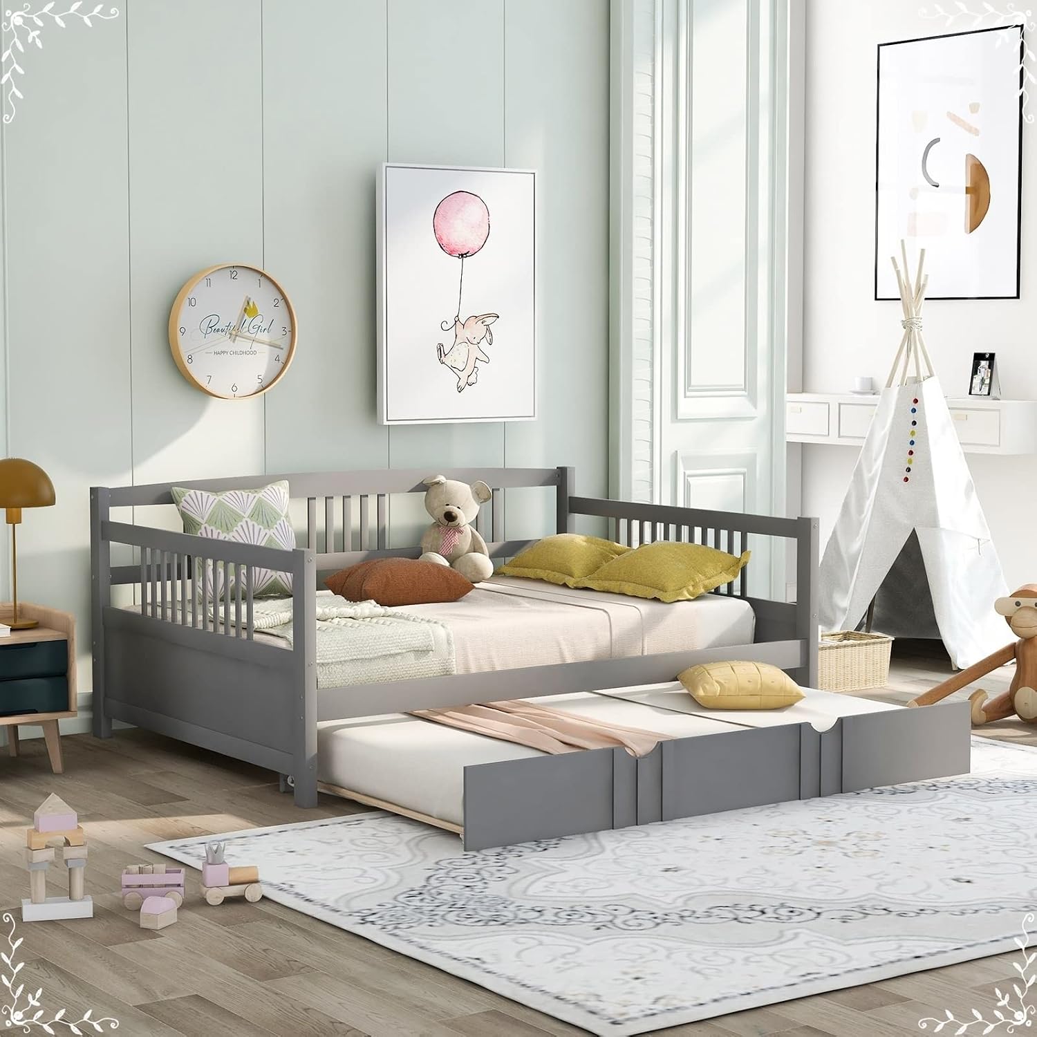 Full Trundle Bed, Bed for Men Grey Solid Wood Bohemian Sofa Bed with Metal Slats Daybed for Teen Adult Bedroom Living Room