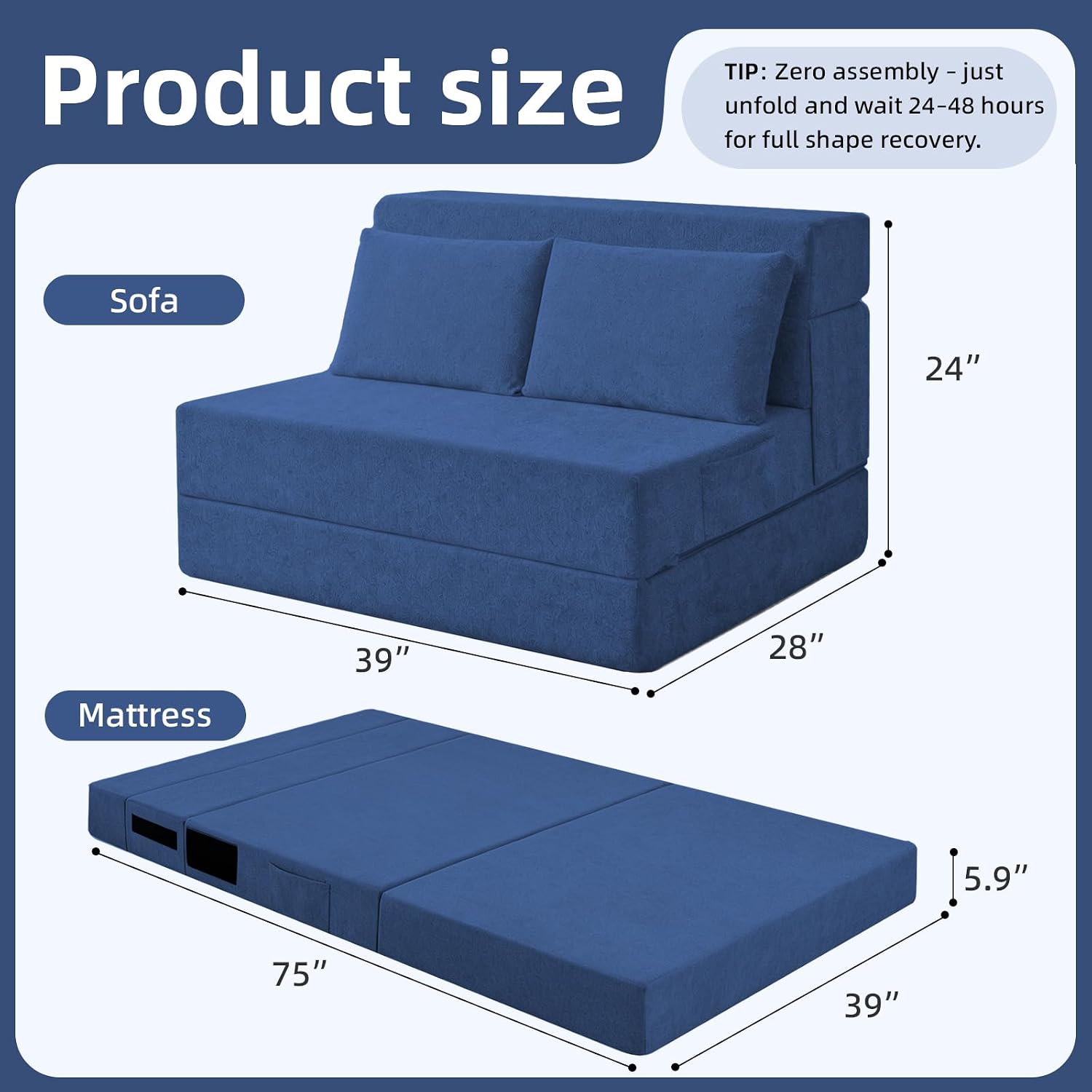 Folding Sofa Bed, Convertible Sleeper Chair with Pillow, Loveseat Fold Out Chair Bed, Memory Foam Floor Couch Mattress, Foldable Futon Couch Lounge for Living Room Guest (Blue, Twin)