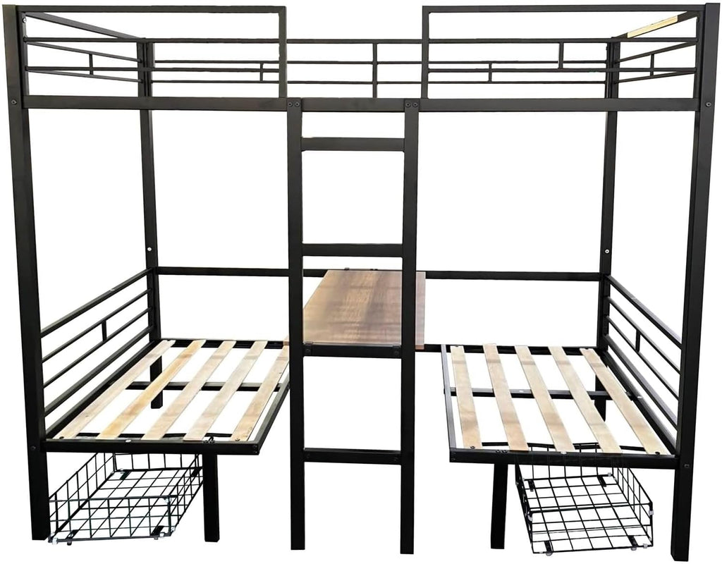 Bed Frame Twin Size Loft, Black Bed Frame Men with Table Sets Transformable to Twin Over Twin Bunk Steel 77.95' L x 41.34' W x 68.9' H