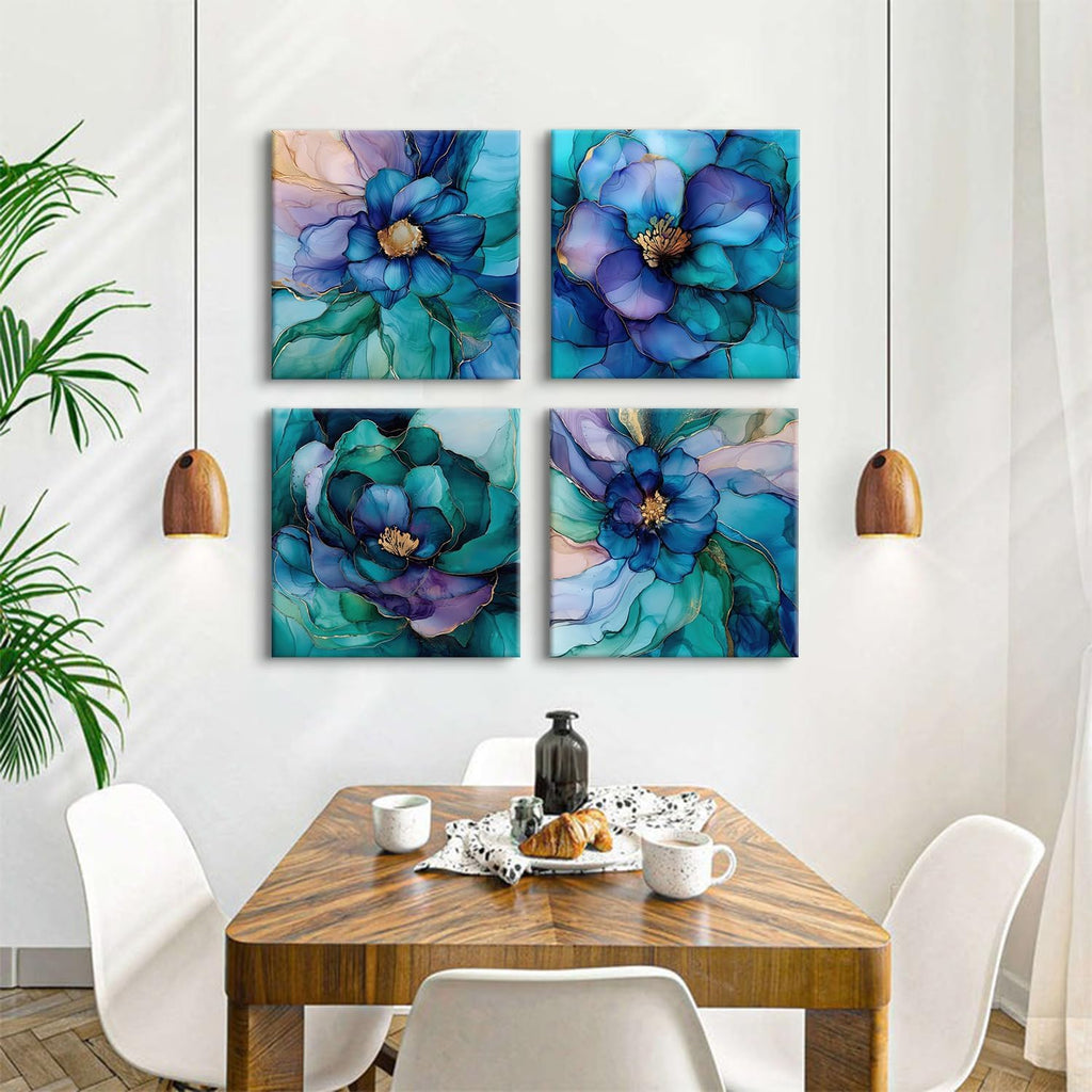 Abstract Wall Art Teal Blue and Gold Pictures Wall Decor Turquoise Floral Painting Colorful Flower Canvas Prints Poster Modern Abstract Artwork for Bedroom Living Room Home Decoration 24x24' 4Pcs
