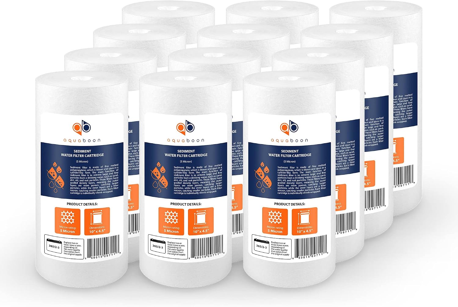 Aquaboon 5 Micron 10 x 4.5 Well Water Sediment Filter Replacement Whole House Water Filter Cartridge Compatible with DGD-5005, WFHD13001B, 12-Pack