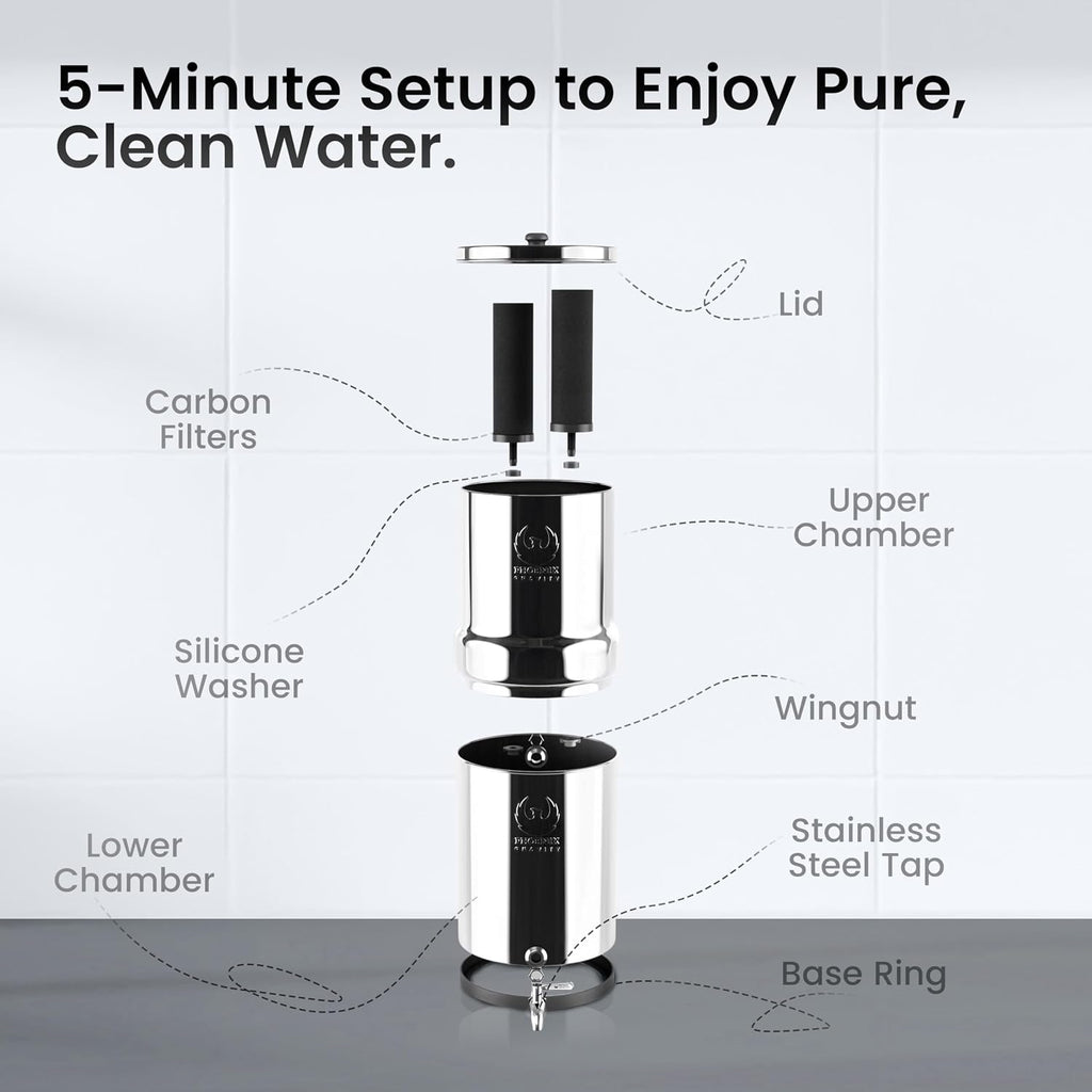 2.25 G Gravity Water Filter System | Dual Carbon Filtration | NSF/ANSI 42 & 372 Certified | Removes 99.9% Lead, PFAS, Chlorine & 200+ Contaminants | Countertop Stainless Steel Water Filter | Portable