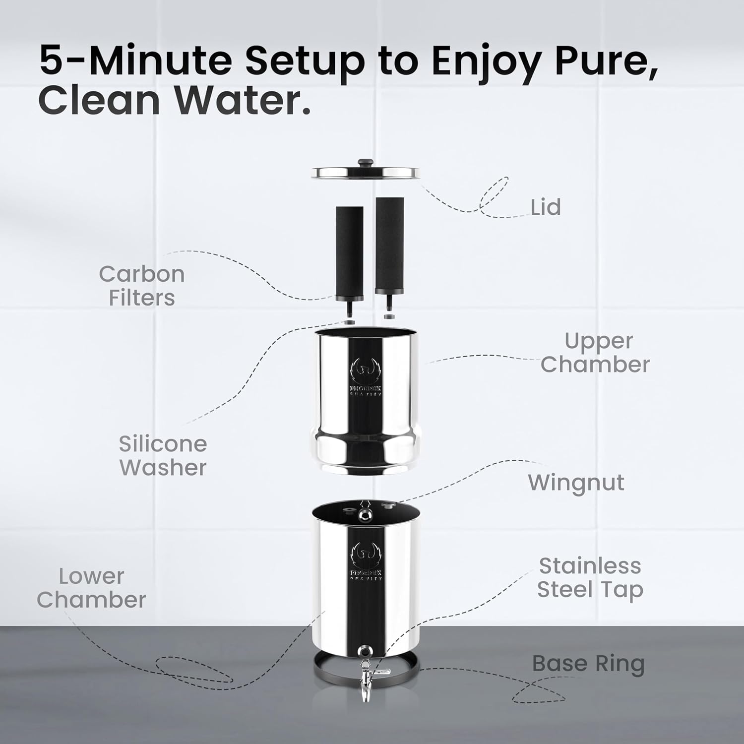 2.25 G Gravity Water Filter System | Dual Carbon Filtration | NSF/ANSI 42 & 372 Certified | Removes 99.9% Lead, PFAS, Chlorine & 200+ Contaminants | Countertop Stainless Steel Water Filter | Portable