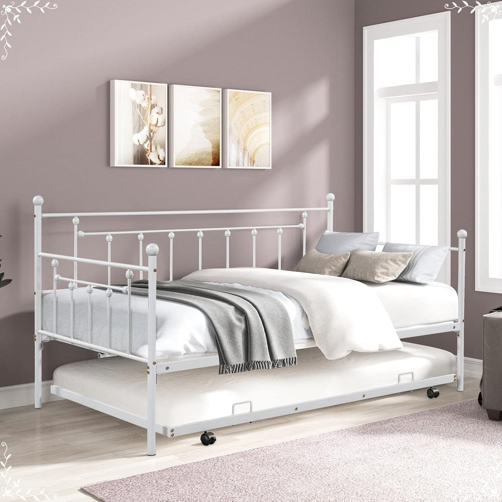 Metal Bed Twin XL, Bed with Trundle Light Grey Metal Bohemian Sofa Bed with Slats Daybed for Teen Adult Bedroom Living Room