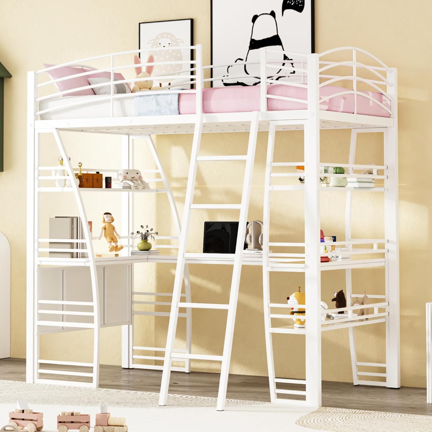 Metal Twin Size Loft Bed with 4 Layers of Shelves and L-Shaped Desk,a Set of Sockets, USB Ports and Wireless Charging,for Kids Teens Adults Bedroom (Twin, White@Charging)
