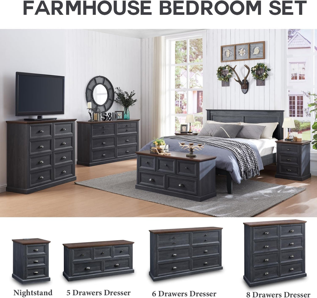 IFGET Farmhouse 5 Drawers Dresser for Bedroom, 45' Wide Chest of Drawers, 21' Tall Storage Closet Bench Storage Chest Storage Trunk, Wood Rustic Dresser for Closet, Living Room, Hallway, Dark Grey