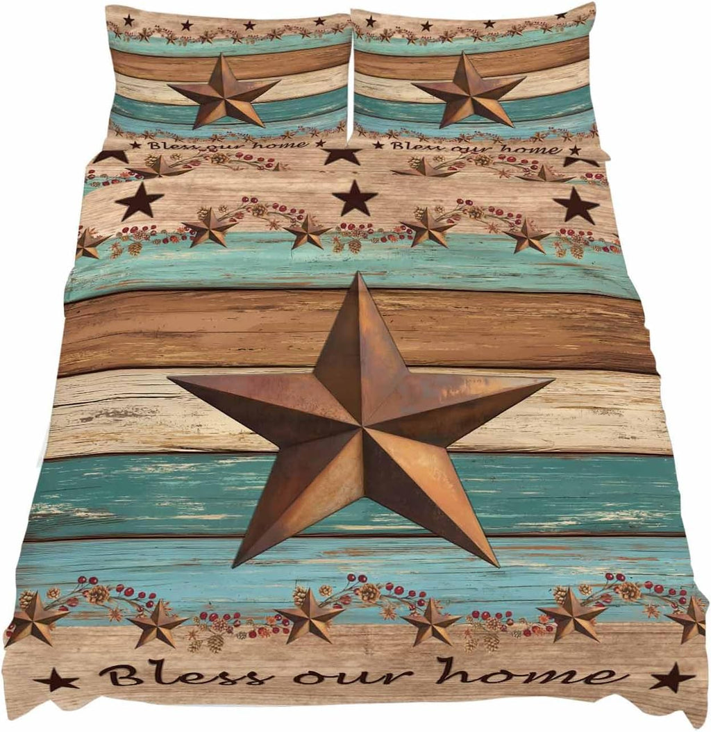 Western Texas Star Retro Cal King Sheet Set 4 Piece Bedding - Country Farmhouse Teal Brown Wood Grain Breathable Comfy Cooling Bed Sheets & Pillowcase Sets, Hotel Flat Sheets Deep Pockets Fitted Sheet