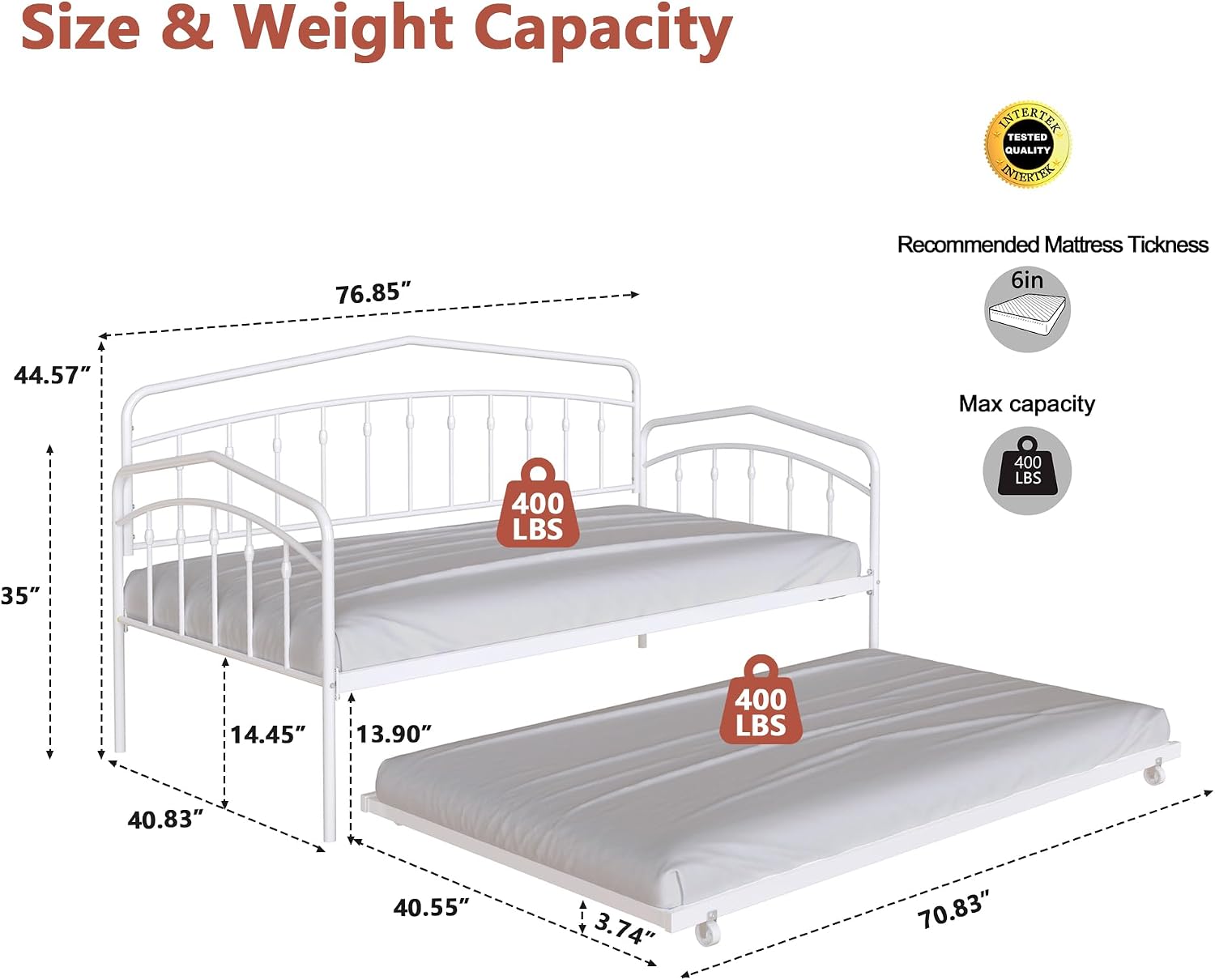 mikibama Twin Daybed with Trundle,Victorian Metal Daybeds with Pull Out Trundle,Vintage Guest Day Bed Frame Twin Size for Living Room,Bedroom,Apartment (Victorian White with Trundle)